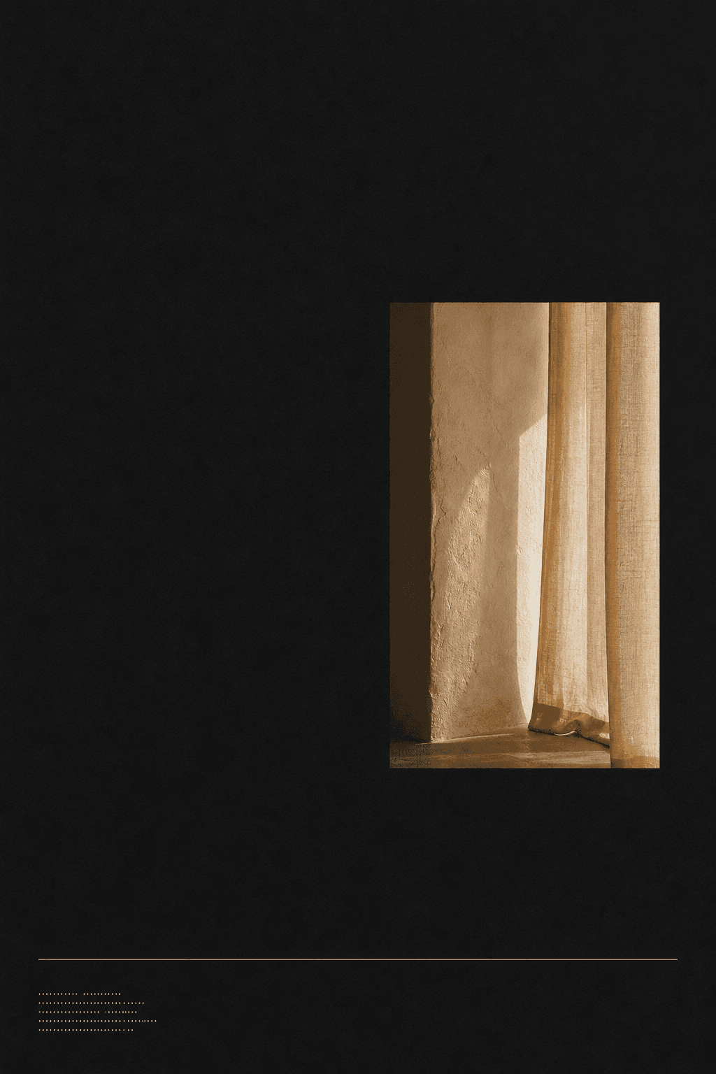 The cover of an interiors studio portfolio: a small warm photograph of plaster and linen on a near-black field.