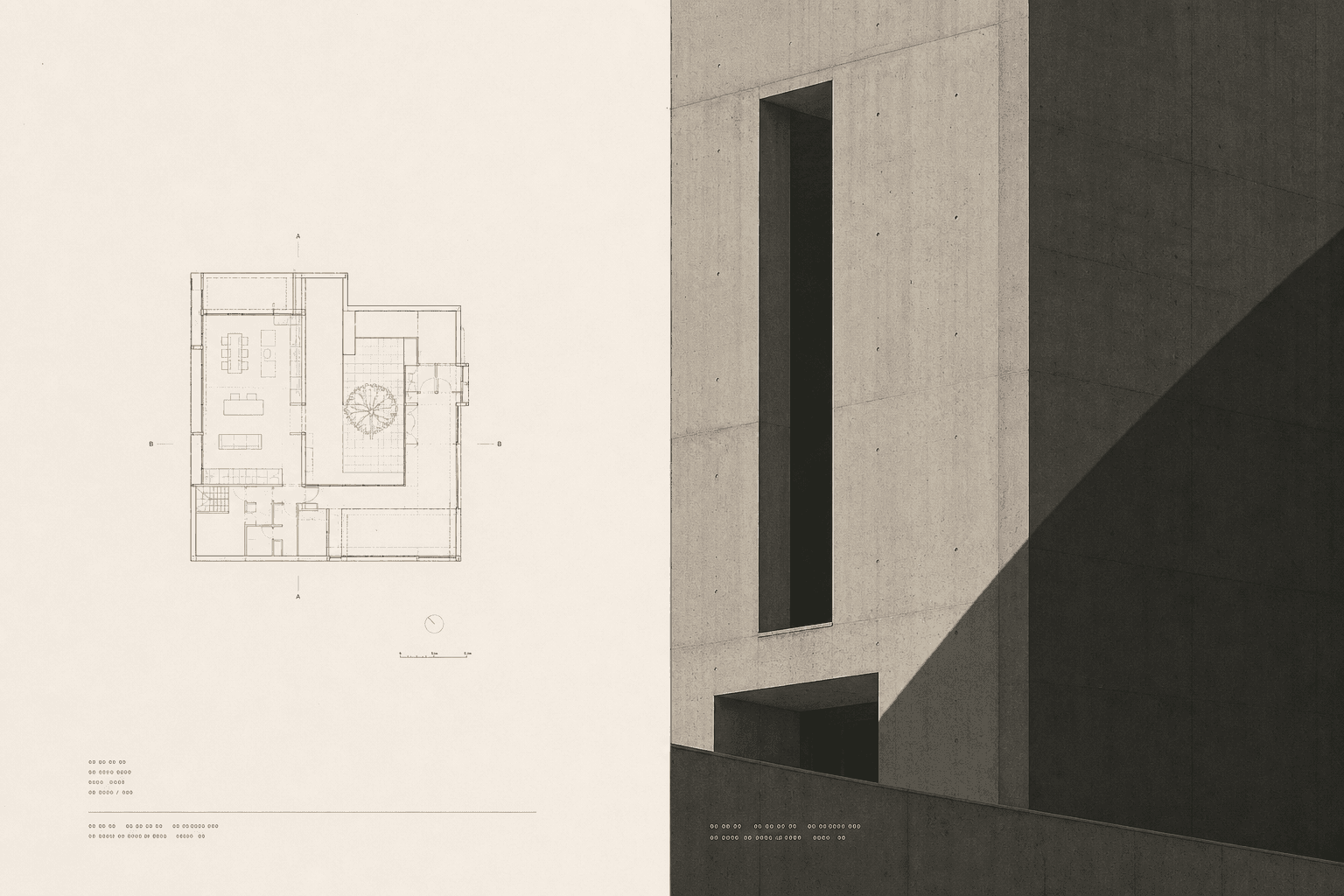 A spread from an architecture portfolio: a thin-line floor plan facing a full-bleed photograph of a concrete facade.