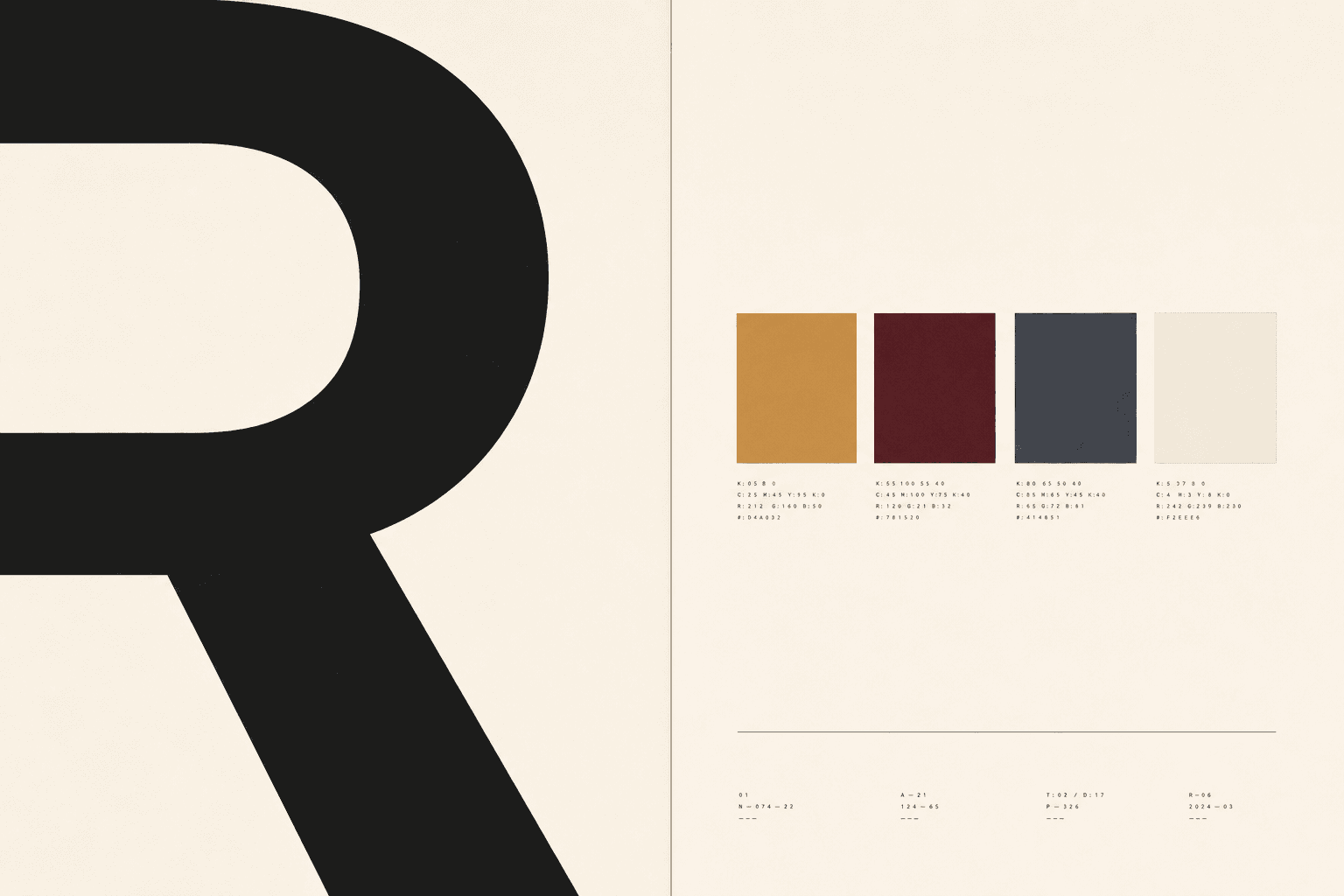 A spread from a branding case study: an enormous cropped letterform facing a row of flat colour chips.